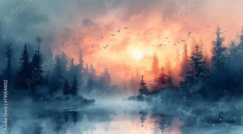 Winter Whispers: Watercolor Dawn Awakens Frosted Forest with Butterfly Ballet #790544152