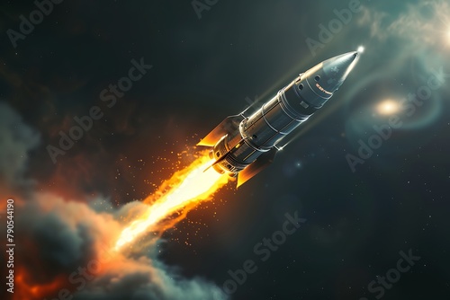 : A 3D logo for a space exploration company, depicting a rocket launch with dynamic lighting that creates a sense of anticipation and excitement.