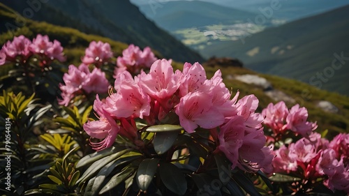Magical Pink Flowers Amid Summer Mountain Greenery, Pink Flowers in a Magical Summer Mountain Setting, Magical Pink Flowers in a Lush Green Mountain Landscape, Summer with Magical Pink Flowers in Gree photo