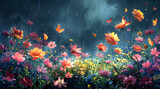 Spring Deluge: Watercolor Masterpiece Unveils Nature's Resilience Amidst Rain and Blooms