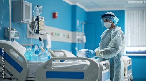 A healthcare worker disinfecting surfaces in a hospital room with precision