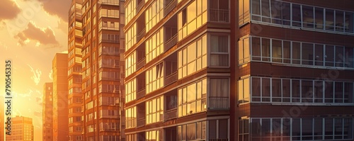 The sunset hues reflecting on the smooth glass surfaces of urban skyscrapers in a cityscape. banner