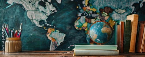 An educational featuring old books stacked, a world globe, and colorful pencils in a cup, showcasing a blend of vintage and modern learning tools.