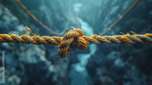 A frayed and snapped rope hanging over a chasm, symbolizing the failure of life insurance to deliver promises, leaving policyholders and their families in precarious situations photo