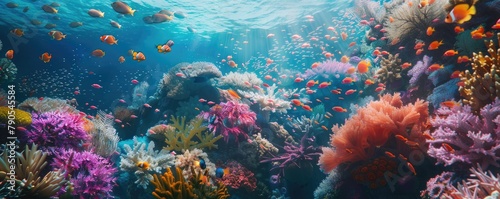 An underwater landscape showcasing a coral reef bathing in sunbeams penetrating the ocean's surface. copy space for text. © Milan