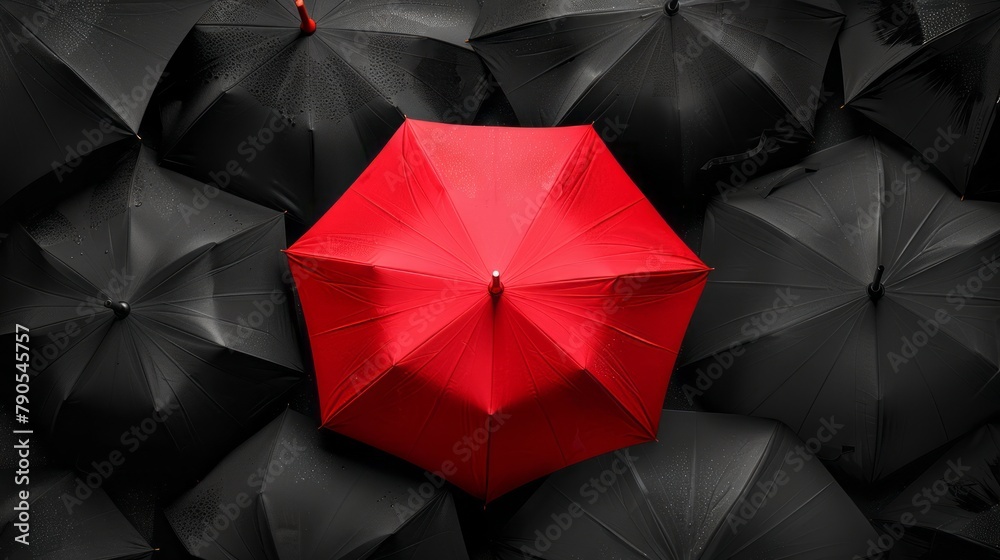 A red umbrella among a crowd of black umbrellas - Concept of success, of being special as a leader, with its own identity, having a difference, new ideas and special skills among the others A red umbrella among a crowd of black umbrellas - Concept of success, of being special as a leader, with its own identity, having a difference, new ideas and special skills among the others