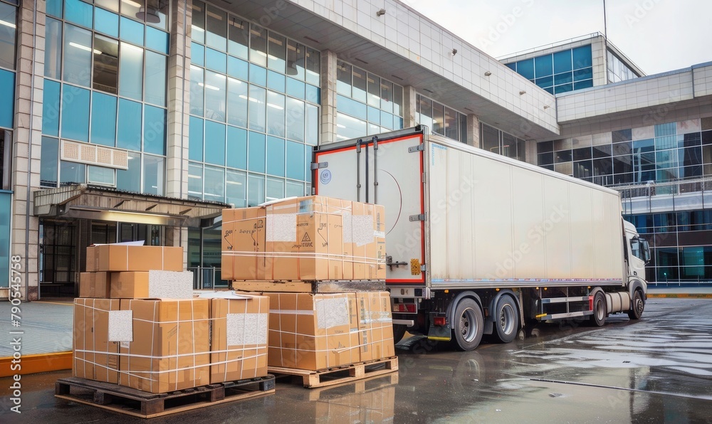 Industrial loading dock at a warehouse facility with an open truck being loaded with numerous cardboard boxes. Industrial loading dock at a warehouse facility with an open truck being loaded with numerous cardboard boxes.
