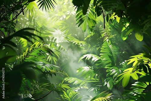 : A 3D vector depiction of a lush jungle, with the sunlight filtering through the dense foliage, casting a vibrant green hue on the scene. photo