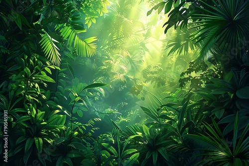   A 3D vector depiction of a lush jungle  with the sunlight filtering through the dense foliage  casting a vibrant green hue on the scene.
