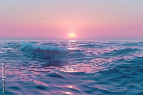 : A 3D vector depiction of a tranquil ocean, with waves gently lapping against the shore under a pastel-colored sunset. © Kashif