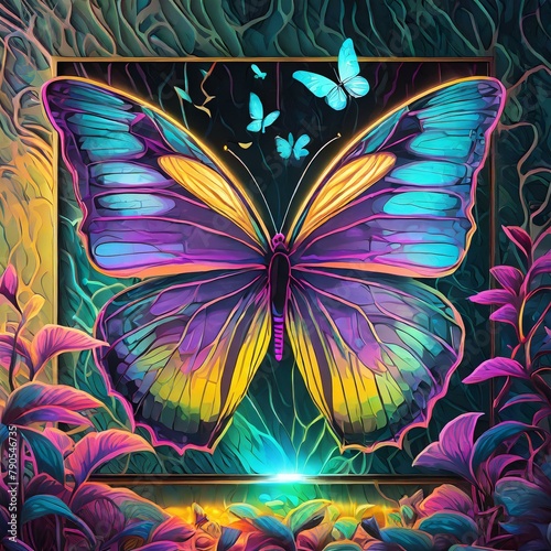 panel wall art, neon background with pastil color butterfly silhouette, Ai Generate