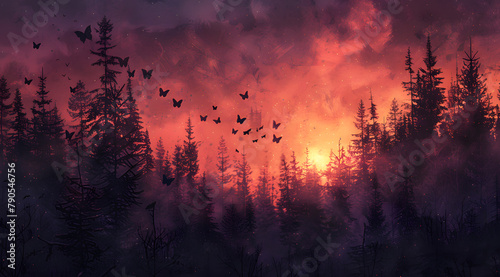 Dusk Reverie: Ethereal Watercolor Dance of Butterflies in Fading Forest Light