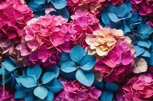 Colorful hydrangea flowers background close up top view