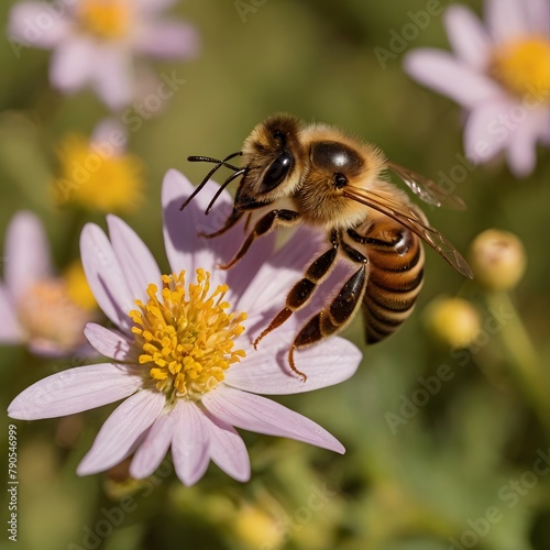 Honey bee sitting on purple flower collecting nectar. Honey bee close-up image. photo