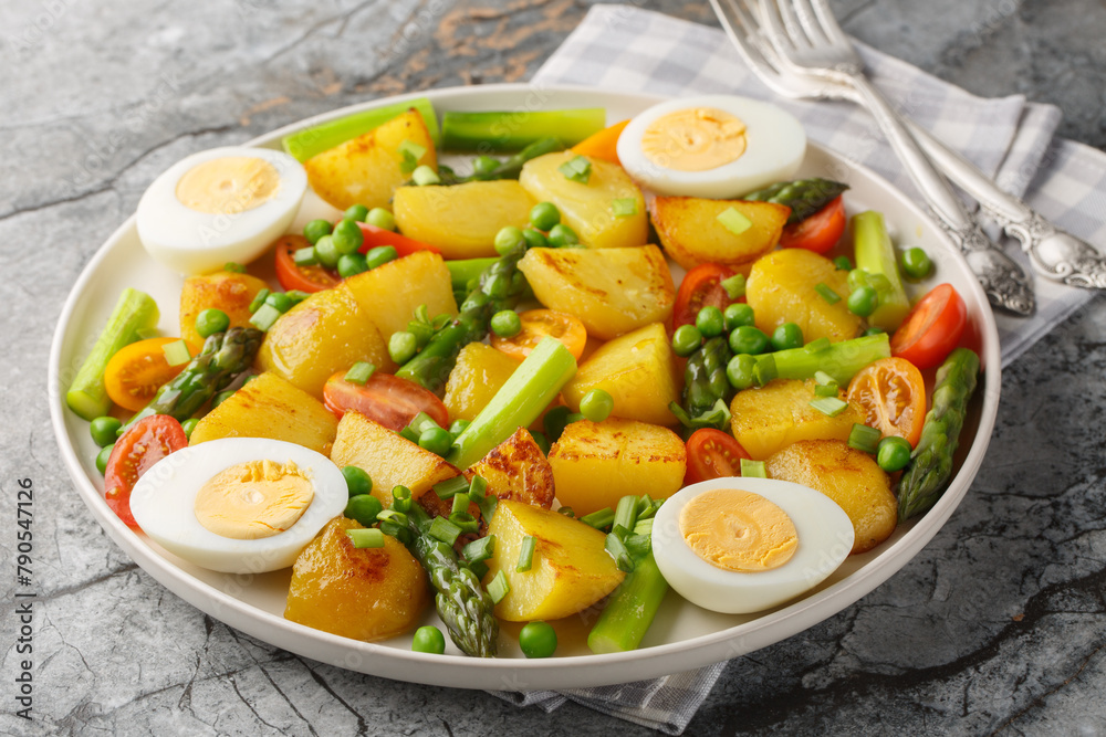 Delicious salad of potatoes, asparagus, cherry tomatoes, eggs and green peas close-up in a plate on the table. Horizontal