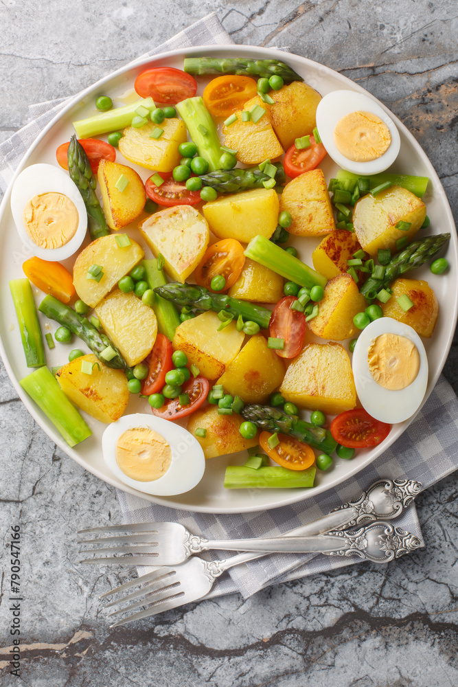 Summer salad with potatoes, green peas, asparagus, boiled egg and tomato closeup on the plate on the table. Vertical top view from above Summer salad with potatoes, green peas, asparagus, boiled egg and tomato closeup on the plate on the table. Vertical top view from above