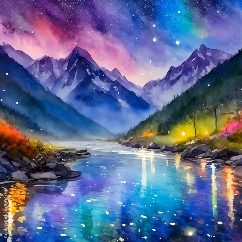 a moment of serenity, with the sky painted in shades of indigo and violet, silhouetting the towering mountains as a gentle river reflects the twinkling lights of fireflies, creating a scene o