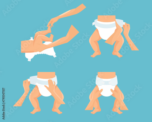 Flat Vector Illustration of a Baby Diaper. Side and Top View. Infant Underwear, Stages of Changing Diaper Panties. Ultimate Guide, Step by Step Diapering Tutorial. Tips for Diapering