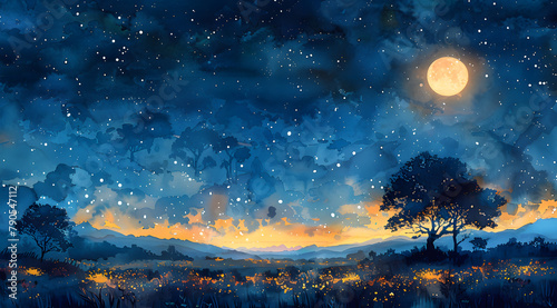 Starry Nocturne: Tranquil Watercolor Painting Capturing Night's Subtle Transformations