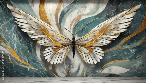 panel wall art, marble background with feather designs and butterfly silhouette,Ai Generate 