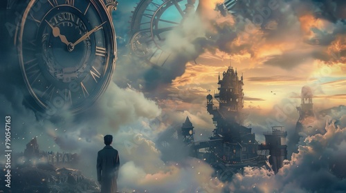 Time travel Technology Background with Clock concept and Time Machine, Can rotate clock hands. Jump into the time portal in hours. Traveling in space and time. frozen time/clock photo