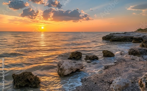 sunset on the beach, Sunset over the rocky shore of the Gulf of Mexico at Caspersen Beach in Venice Florida