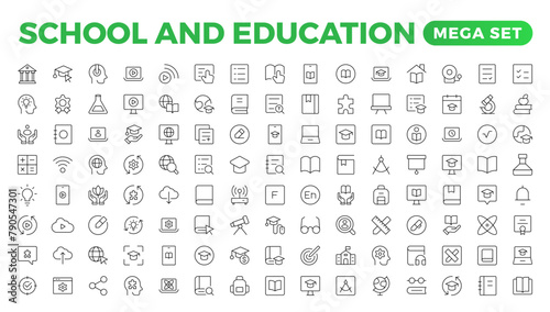 Back to school icon set with different vector icons related to education, success, academic subjects, and more. Education Learning thin line set. Education, School, editable stroke icons.