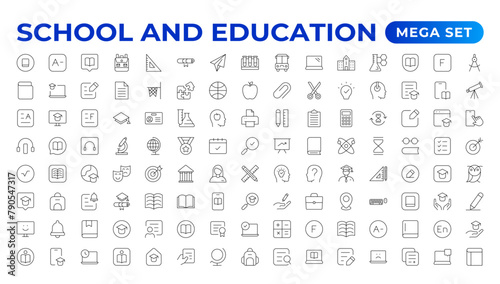 Back to school icon set with different vector icons related to education, success, academic subjects, and more. Education Learning thin line set. Education, School, editable stroke icons.