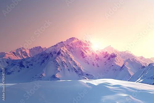 : A 3D vector representation of a snowy mountain range, with the sun's rays reflecting off the snow, creating a dazzling display of light.