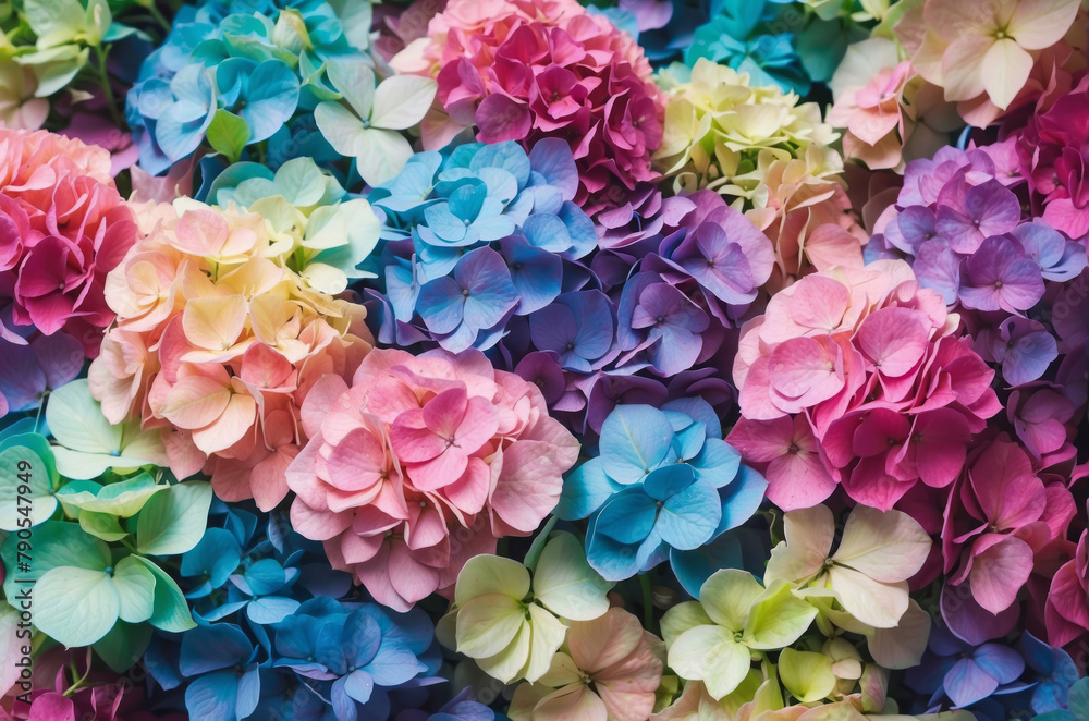 Colorful hydrangea flowers background close up top view