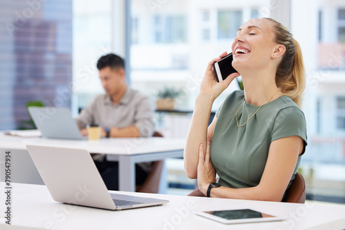 Woman, laugh and phone call in office with laptop, smartphone and communication for business people. Web, and internet search on tablet for funny information, company and online talk on technology