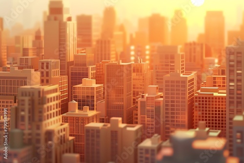   A 3D vector representation of a bustling cityscape at dusk  with the setting sun casting a warm glow on the buildings.