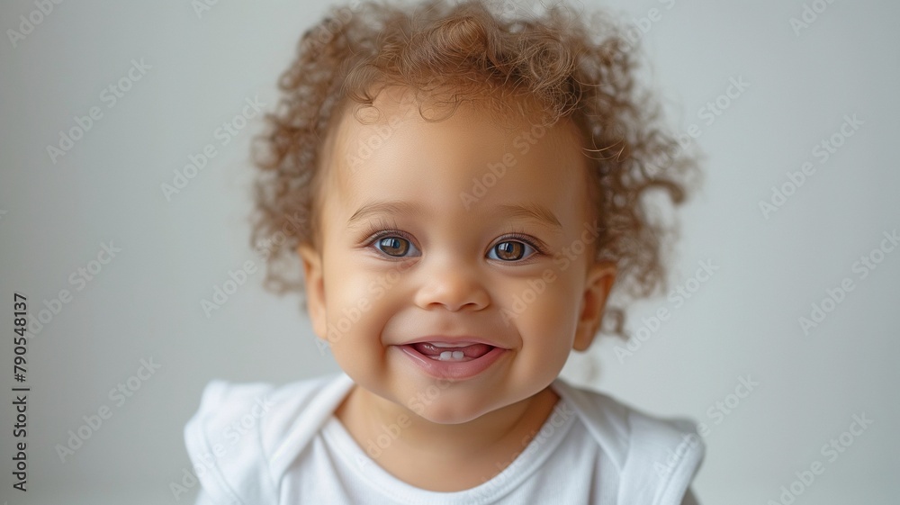 a small baby grinning against a white backdrop a small baby grinning against a white backdrop