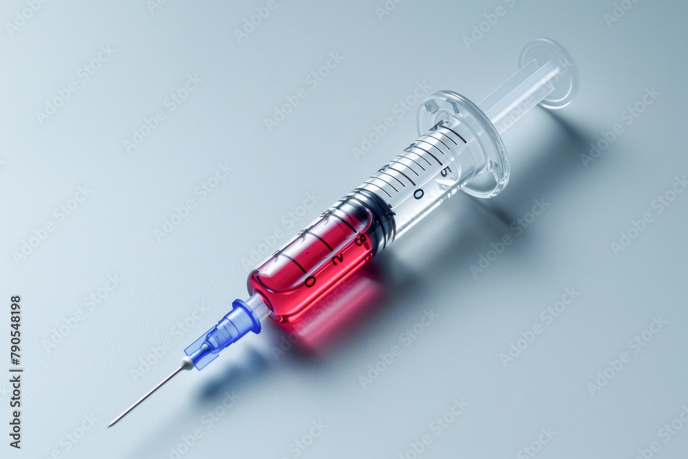 The syringe, half-filled with red blood, rests on a grey backdrop, a testament to medical necessity The syringe, half-filled with red blood, rests on a grey backdrop, a testament to medical necessity