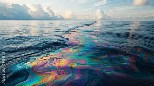 A serene ocean scene disrupted by a large, iridescent oil slick on the surface of the water, highlighting the dangers of oceanic oil spills and their devastating impact on marine ecosystems