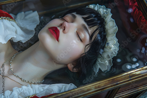 Close up of beautiful Snow White woman sleeping in glass coffin © Firn
