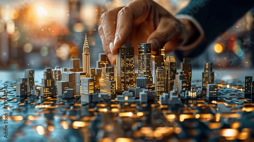 a team assembling a cityscape as a 3D puzzle where each piece is a different enterprise or innovation This visual metaphor highlights the complexity