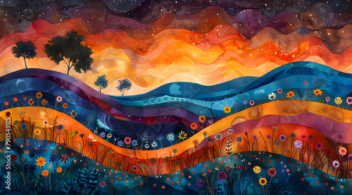 Dreamtime Horizons: Panoramic Watercolor of Australian Landscape and Dot Art photo