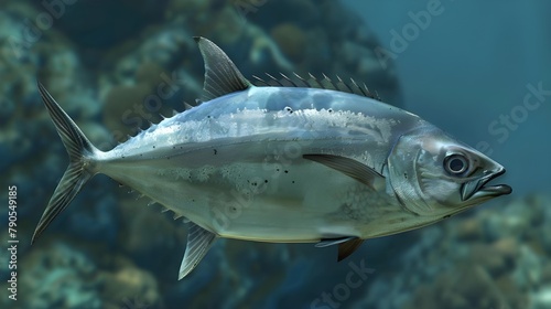 Salmon fish swimming in the river or fresh water in a forest. Underwater view of salmon