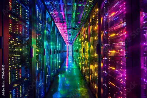   A data center with rows of servers  illuminated by a network of colorful lights.
