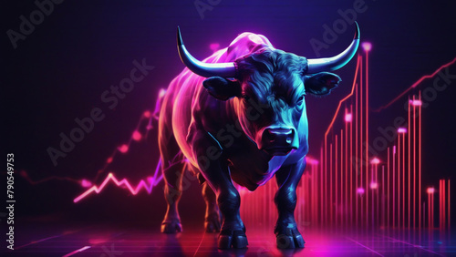 A bull in neon with stock market graph in background  © jithin