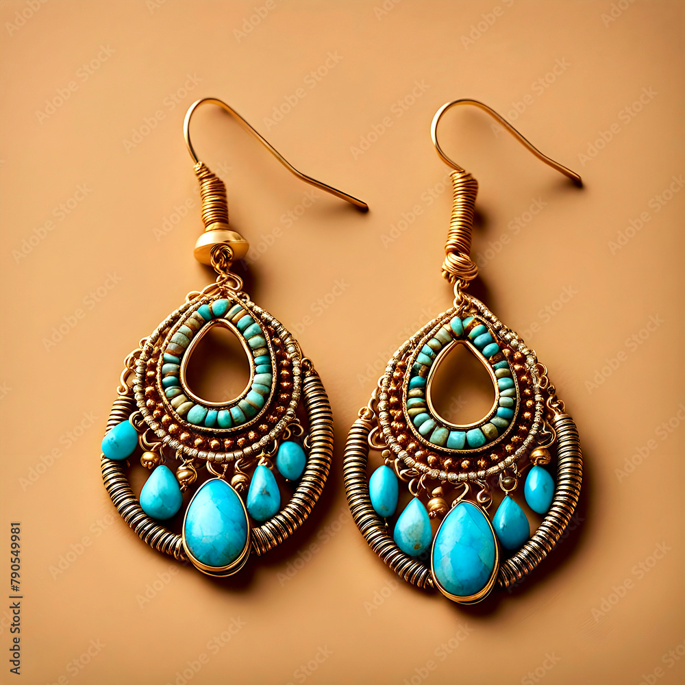 beautiful expensive luxurious intricate gold traditional native American Indian earrings with turquoise beads and gemstones - studio photography jewelry on display