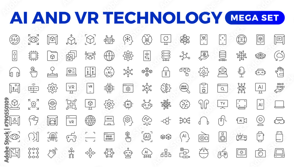 Artificial intelligence set of web icons in line style. AI technology for and mobile app. Machine learning, digital technology, and cloud computing networks. Outline icon set. Artificial intelligence set of web icons in line style. AI technology for and mobile app. Machine learning, digital technology, and cloud computing networks. Outline icon set.