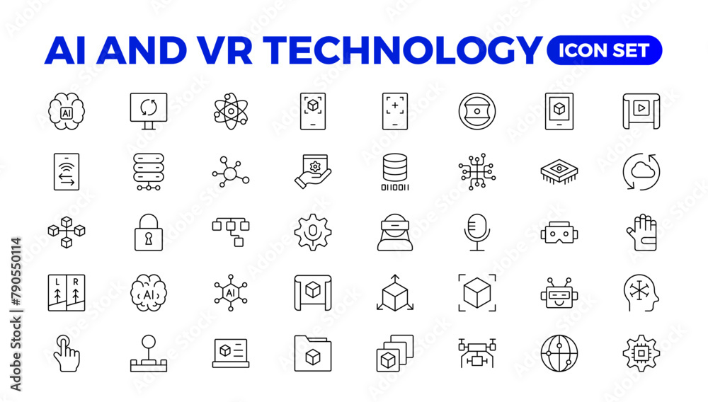 Artificial intelligence set of web icons in line style. AI technology for and mobile app. Machine learning, digital technology, and cloud computing networks. Outline icon set. Artificial intelligence set of web icons in line style. AI technology for and mobile app. Machine learning, digital technology, and cloud computing networks. Outline icon set.