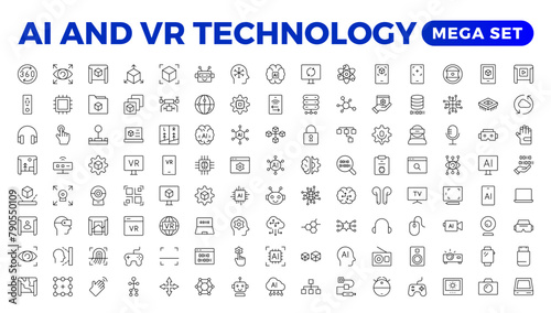 Artificial intelligence set of web icons in line style. AI technology for and mobile app. Machine learning, digital technology, and cloud computing networks. Outline icon set.