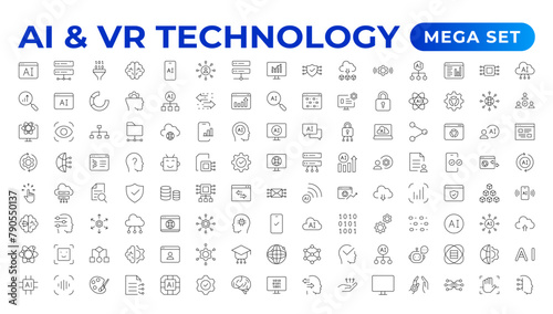 Artificial intelligence set of web icons in line style. AI technology for and mobile app. Machine learning, digital technology, and cloud computing networks. Outline icon set.