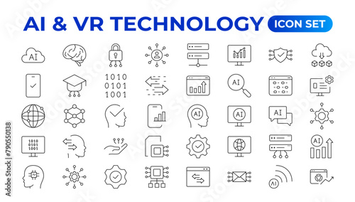 Artificial intelligence set of web icons in line style. AI technology for and mobile app. Machine learning, digital technology, and cloud computing networks. Outline icon set.