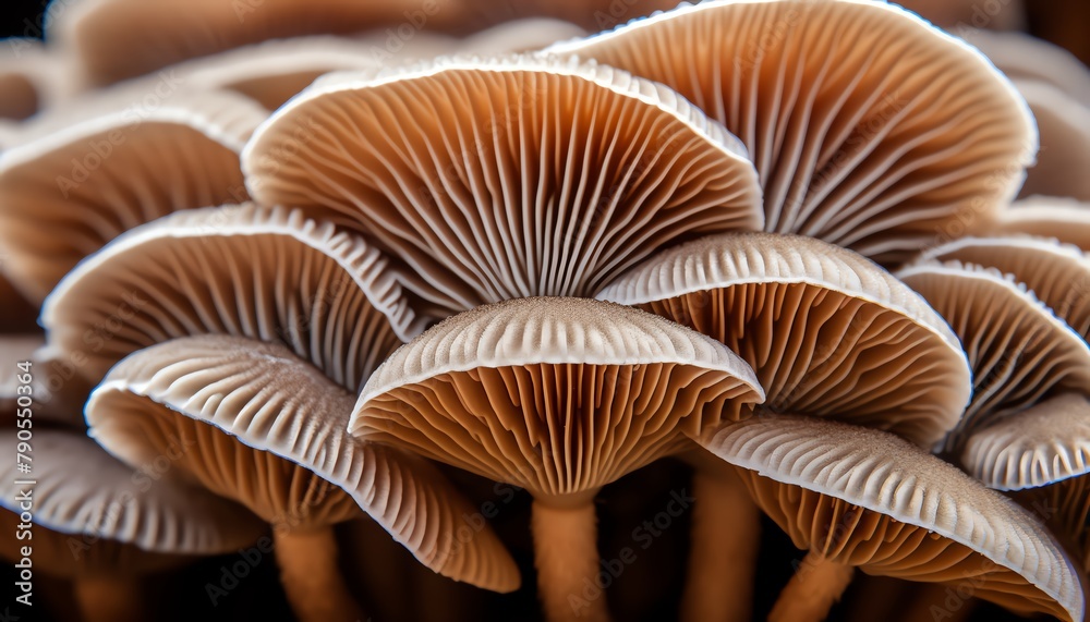 A closeup of a mushroom cap displayed a mesmerizing pattern of gills, responsible for spore production and reproduction A closeup of a mushroom cap displayed a mesmerizing pattern of gills, responsible for spore production and reproduction