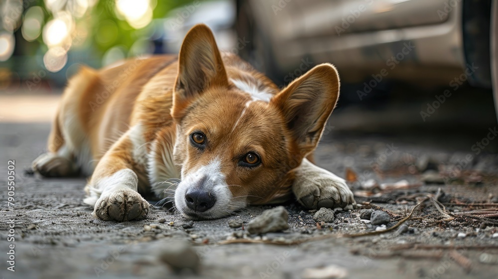 Welsh Corgi canine resting beside a car on the ground with a limited depth of field
