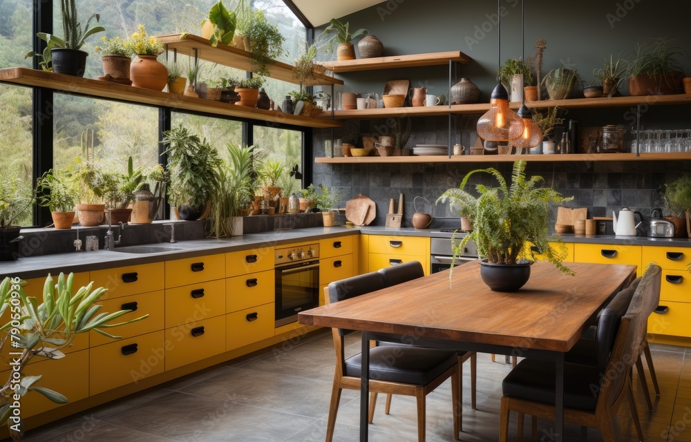 Modern Kitchen with Yellow Cabinets and Greenery
